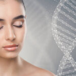 Pretty young woman with closed eyes next to DNA chain over grey background, modern beauty industry