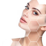 beautiful face woman with holographic honeycomb in face. Future concept of lifting skin effect and plastic surgery.