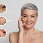 Aged Skin Care. Creative collage of beautiful mature woman's portrait with zoomed wrinkles zones over light background